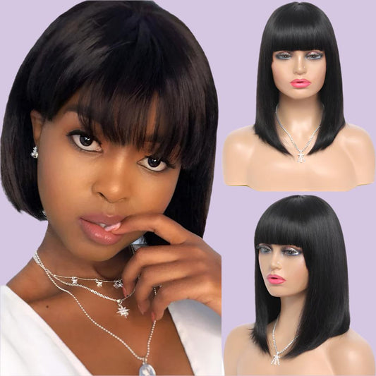 Qi Bangs Short Bob Wig – Real Hair, Dyeable, 8"-14" Lengths